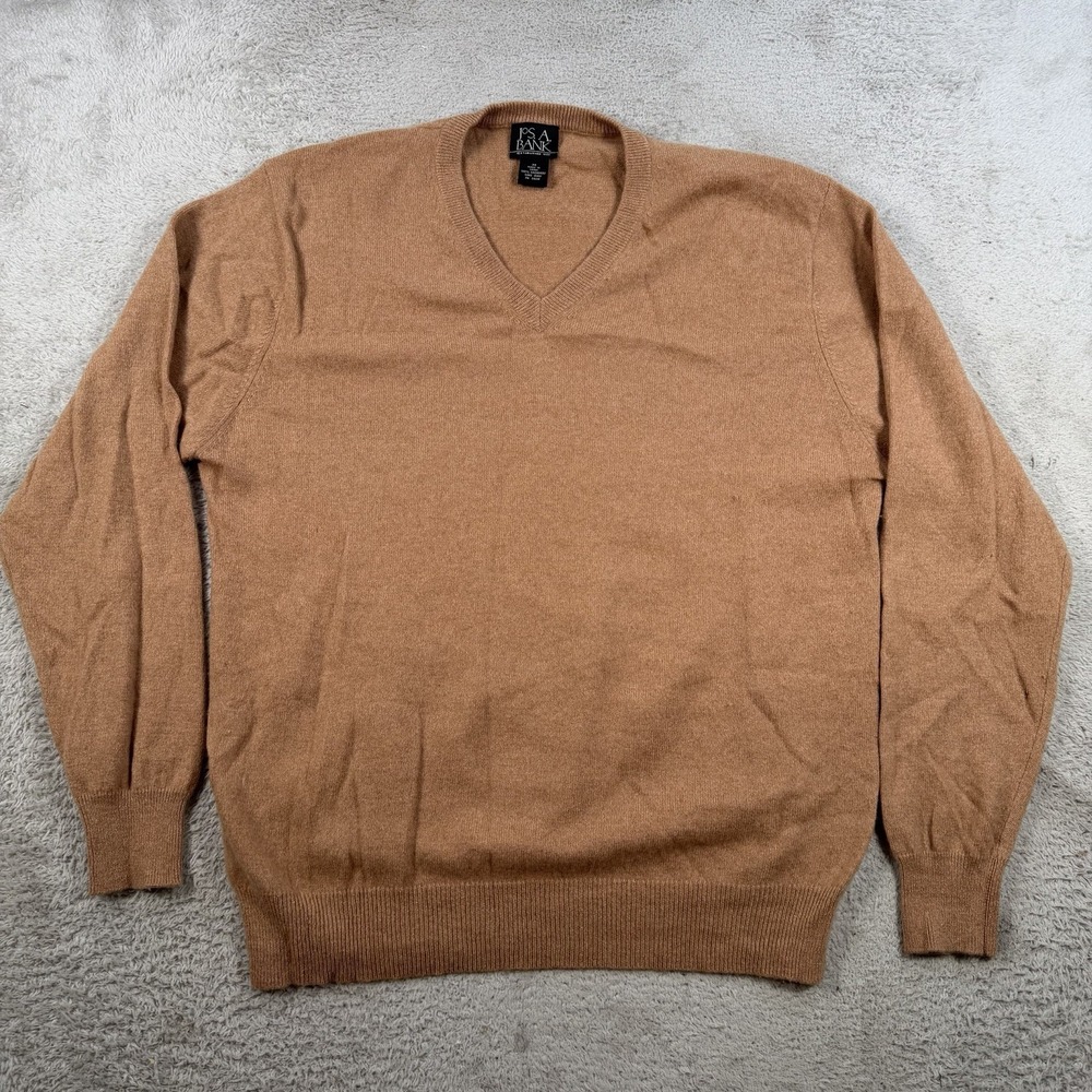 Jos A Bank Sweater Mens Medium Orange 100% Cashmere V-Neck Pullover Soft